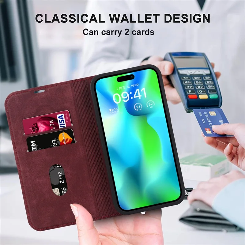 For iPhone 14 Pro Max Case PU Leather RFID Blocking Magnetic Auto-absorbed Cover - Red
