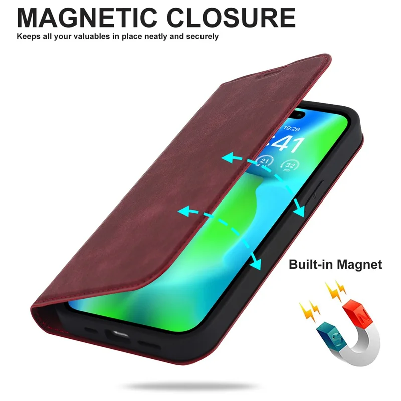 For iPhone 14 Pro Max Case PU Leather RFID Blocking Magnetic Auto-absorbed Cover - Red