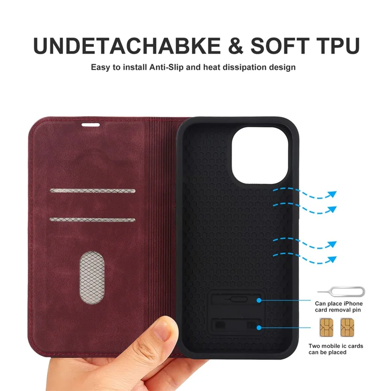 For iPhone 14 Pro Max Case PU Leather RFID Blocking Magnetic Auto-absorbed Cover - Red