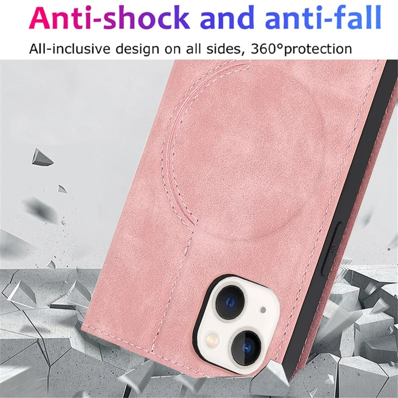 Etui na iPhone 15 z kieszenią na kartę, skórzane etui ochronne zgodne z MagSafe - różowy