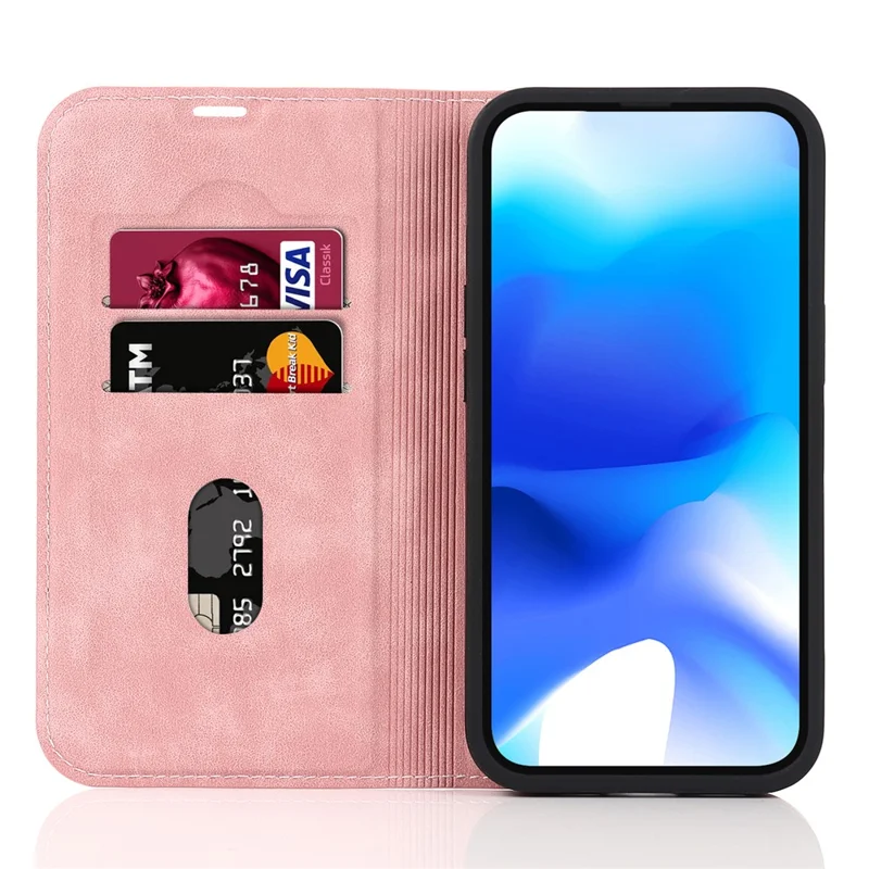 Etui na iPhone 15 z kieszenią na kartę, skórzane etui ochronne zgodne z MagSafe - różowy