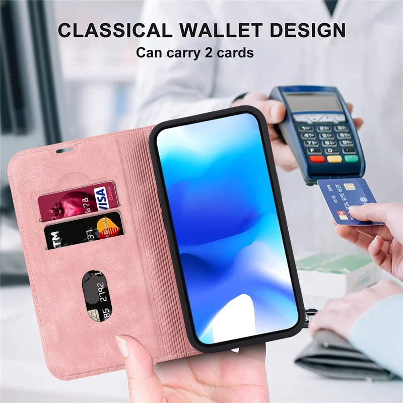 Etui na iPhone 15 z kieszenią na kartę, skórzane etui ochronne zgodne z MagSafe - różowy