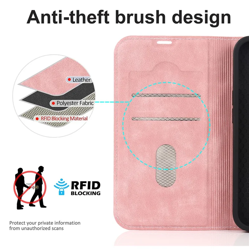 Etui na iPhone 15 z kieszenią na kartę, skórzane etui ochronne zgodne z MagSafe - różowy