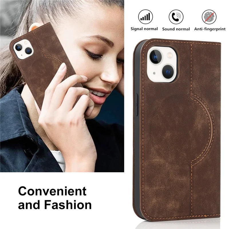 For iPhone 15 Case Leather Card Holder Phone Guard Cover Compatible with MagSafe - Light Brown