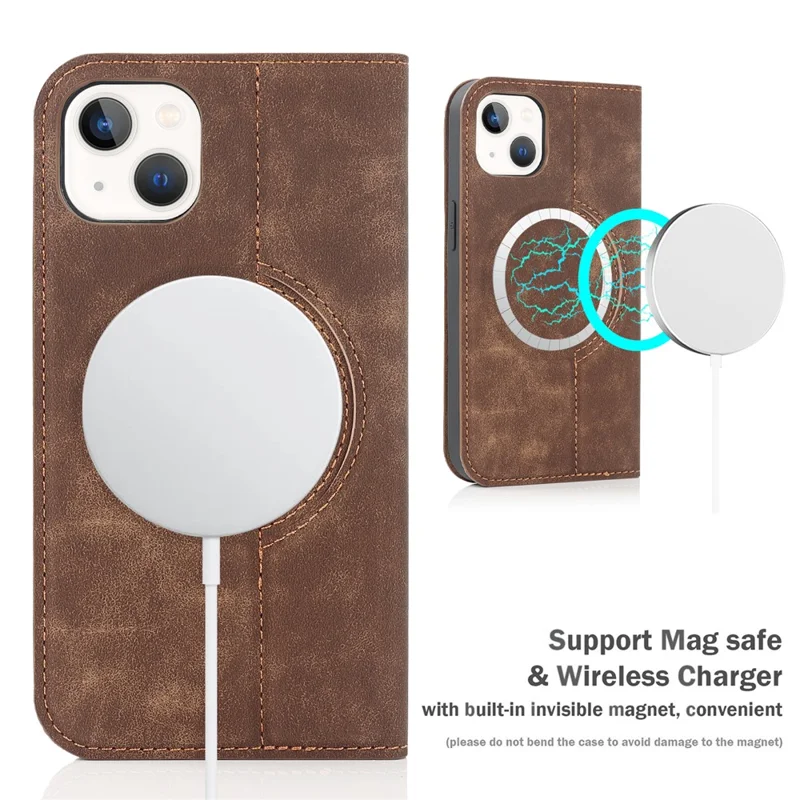 For iPhone 15 Case Leather Card Holder Phone Guard Cover Compatible with MagSafe - Light Brown