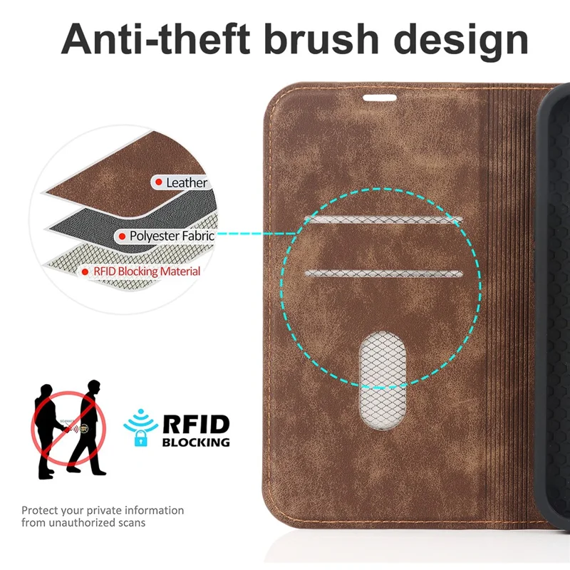 For iPhone 15 Case Leather Card Holder Phone Guard Cover Compatible with MagSafe - Light Brown