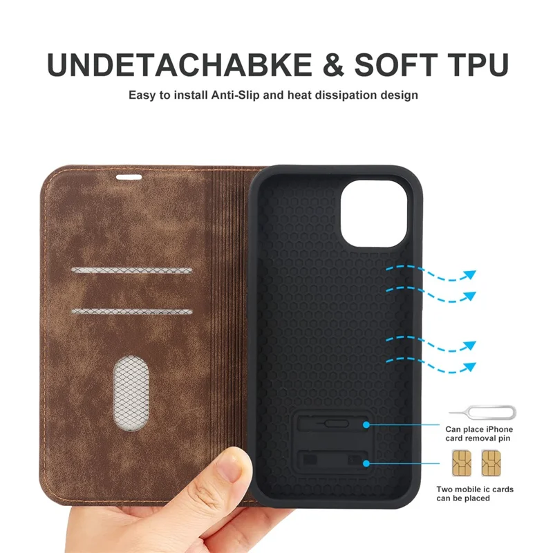 For iPhone 15 Case Leather Card Holder Phone Guard Cover Compatible with MagSafe - Light Brown