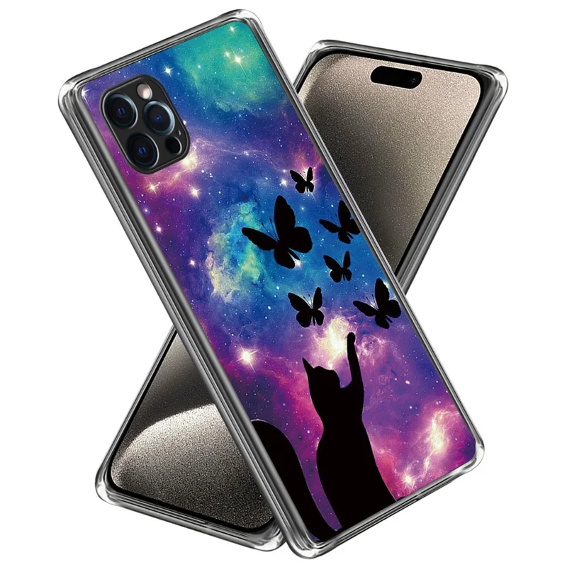 For iPhone 15 Pro Max Case Ultra Thin TPU Phone Shell with Pattern Printing - Cat and Butterflies