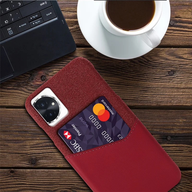 Cloth Texture Phone Case for Honor 100 5G PU Leather + PC Cover with Card Slot - Red