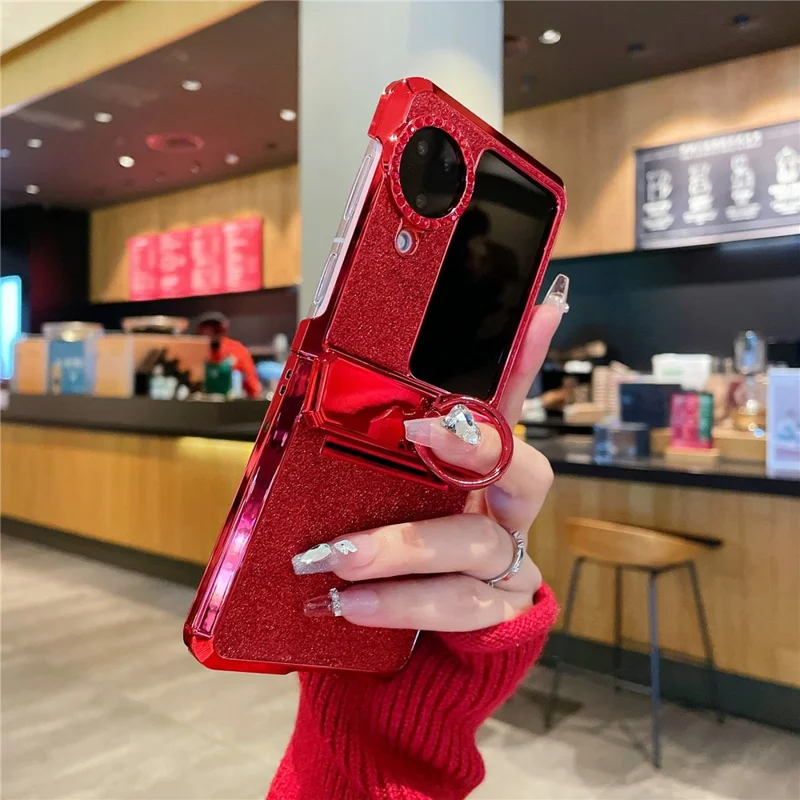 For Oppo Find N3 Flip 5G Case Shiny Hard PC Metal Kickstand Protective Shell - Red