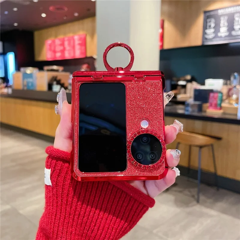 For Oppo Find N3 Flip 5G Case Shiny Hard PC Metal Kickstand Protective Shell - Red
