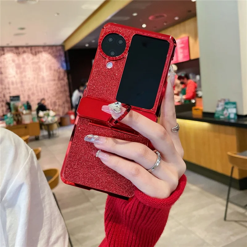 For Oppo Find N3 Flip 5G Case Shiny Hard PC Metal Kickstand Protective Shell - Red