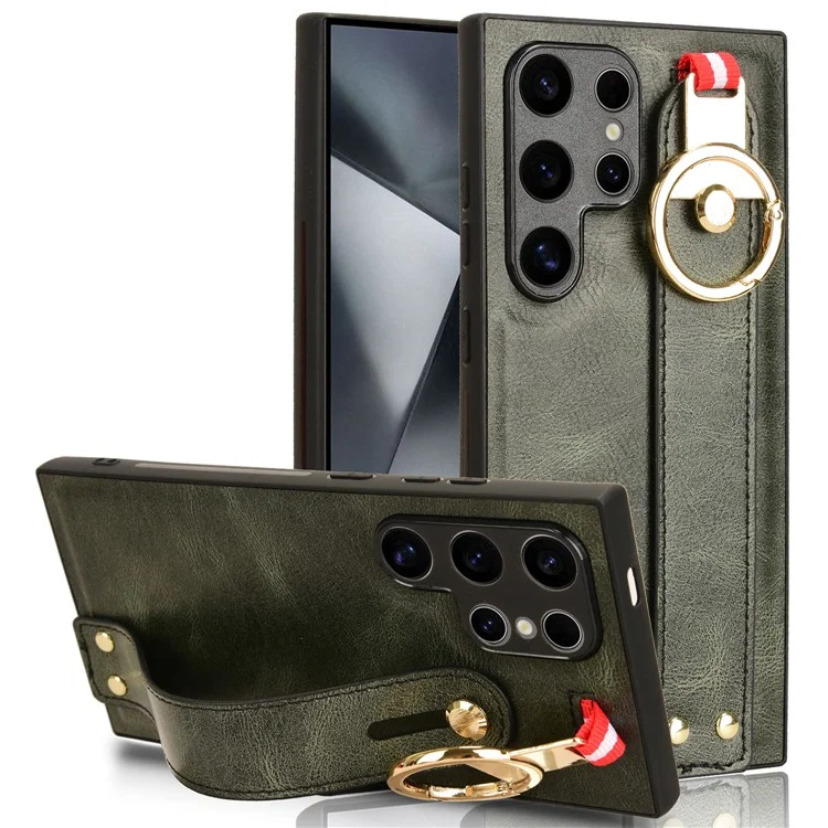 For Samsung Galaxy S24 Ultra Case Slim-Fit PU Leather+PC+TPU Back Shell with Neck Strap - Green