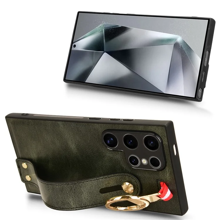For Samsung Galaxy S24 Ultra Case Slim-Fit PU Leather+PC+TPU Back Shell with Neck Strap - Green