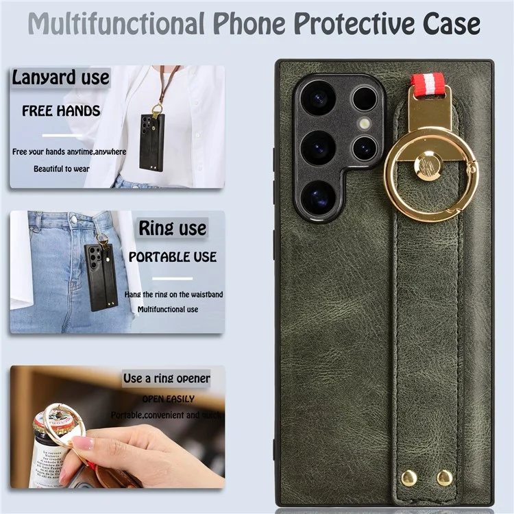 For Samsung Galaxy S24 Ultra Case Slim-Fit PU Leather+PC+TPU Back Shell with Neck Strap - Green