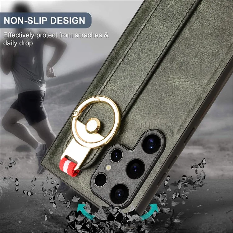 For Samsung Galaxy S24 Ultra Case Slim-Fit PU Leather+PC+TPU Back Shell with Neck Strap - Green