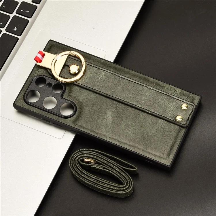 For Samsung Galaxy S24 Ultra Case Slim-Fit PU Leather+PC+TPU Back Shell with Neck Strap - Green