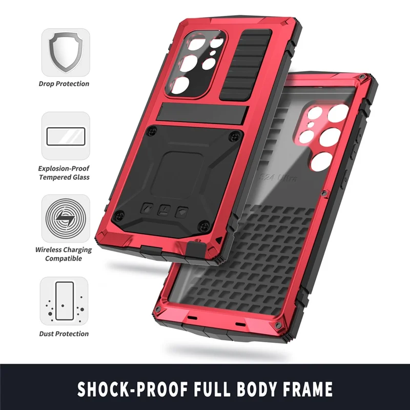 R-JUST For Samsung Galaxy S24 Ultra Phone Case Full Protection Cover with Kickstand - Red