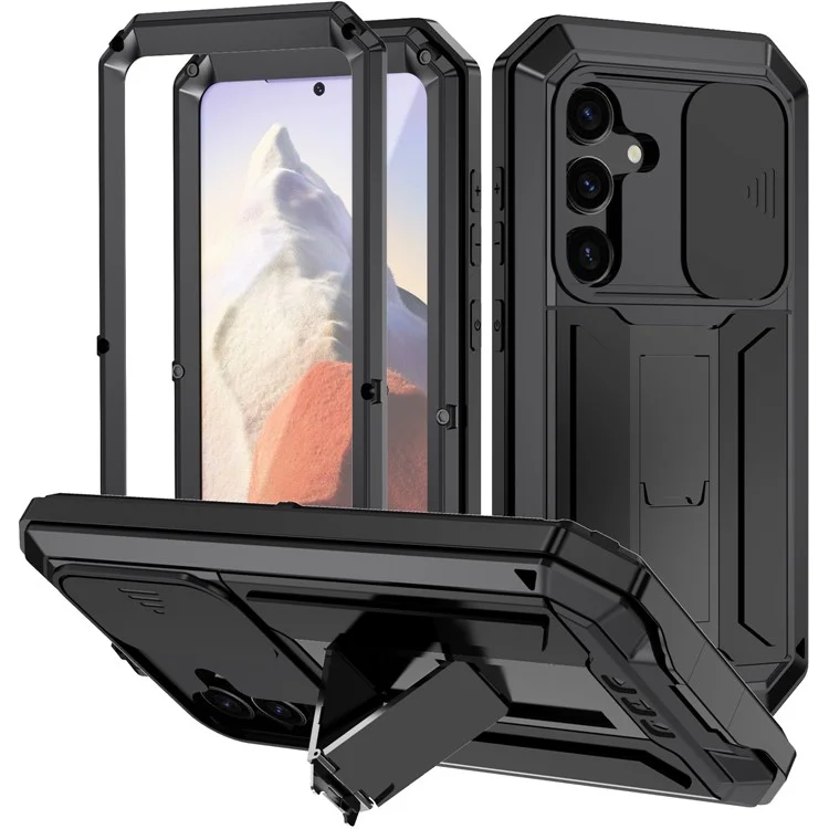 R-JUST For Samsung Galaxy S24 Case PC+Silicone+Metal Back Shell with Slide Camera Lid - Black