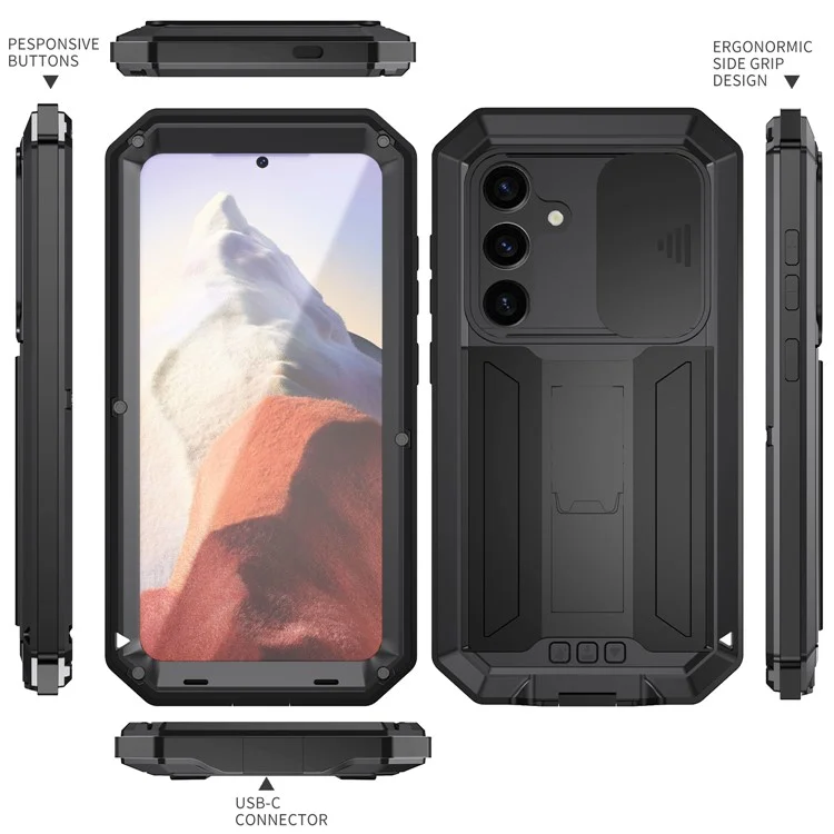 R-JUST For Samsung Galaxy S24 Case PC+Silicone+Metal Back Shell with Slide Camera Lid - Black