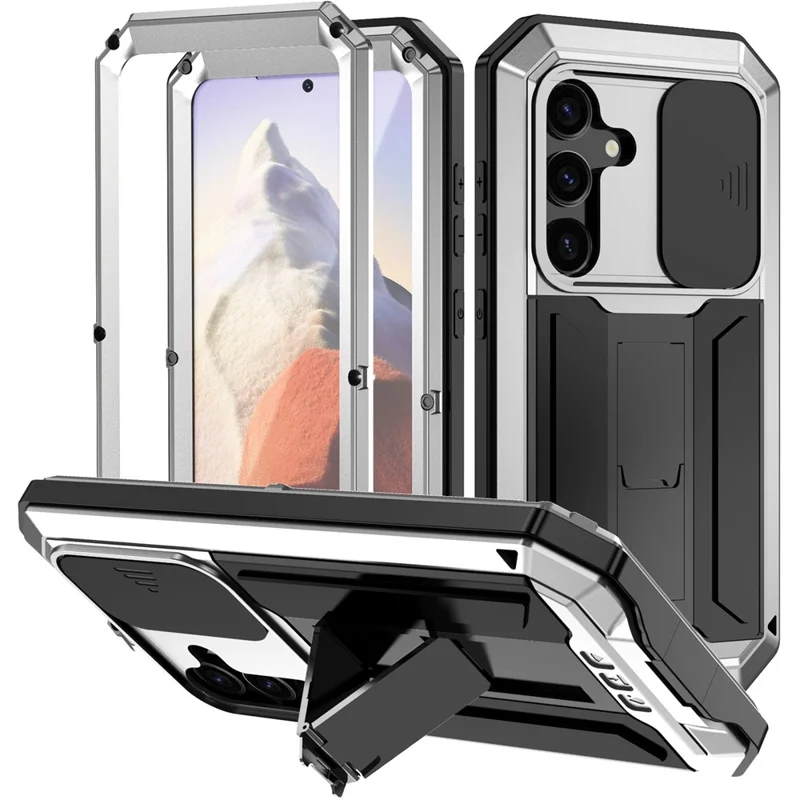 R-JUST For Samsung Galaxy S24 Case PC+Silicone+Metal Back Shell with Slide Camera Lid - Silver