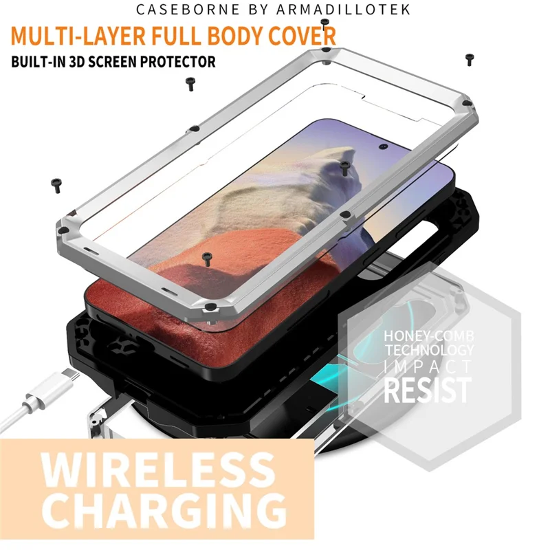 R-JUST For Samsung Galaxy S24 Case PC+Silicone+Metal Back Shell with Slide Camera Lid - Silver