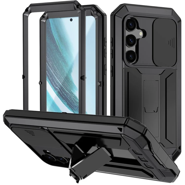 R-JUST For Samsung Galaxy S24+ Cell Phone Case PC+Silicone+Metal Kickstand Cover - Black