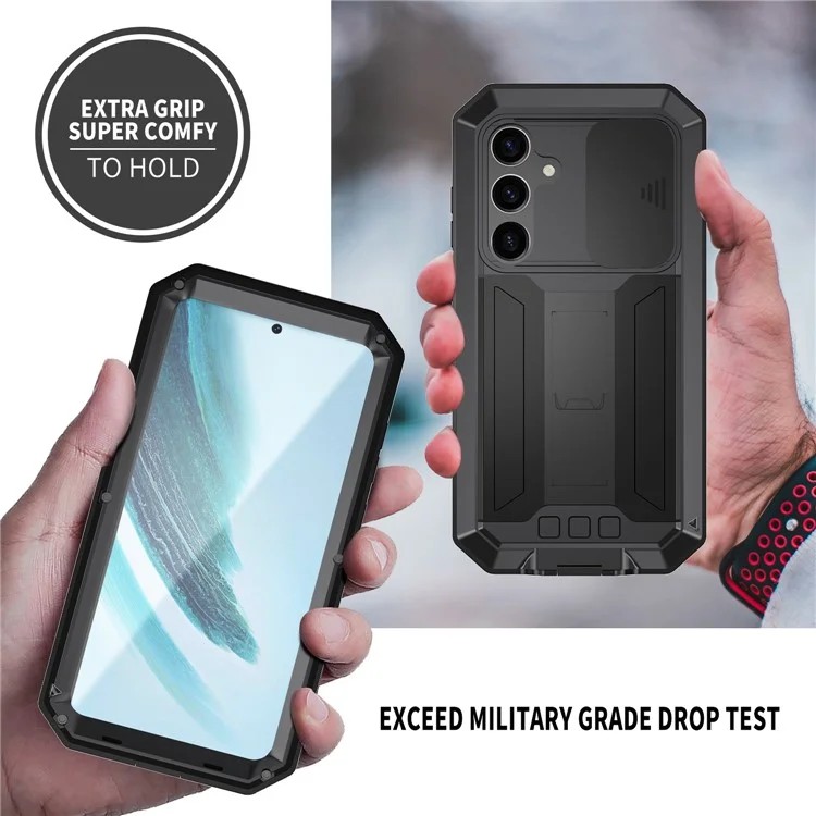 R-JUST For Samsung Galaxy S24+ Cell Phone Case PC+Silicone+Metal Kickstand Cover - Black