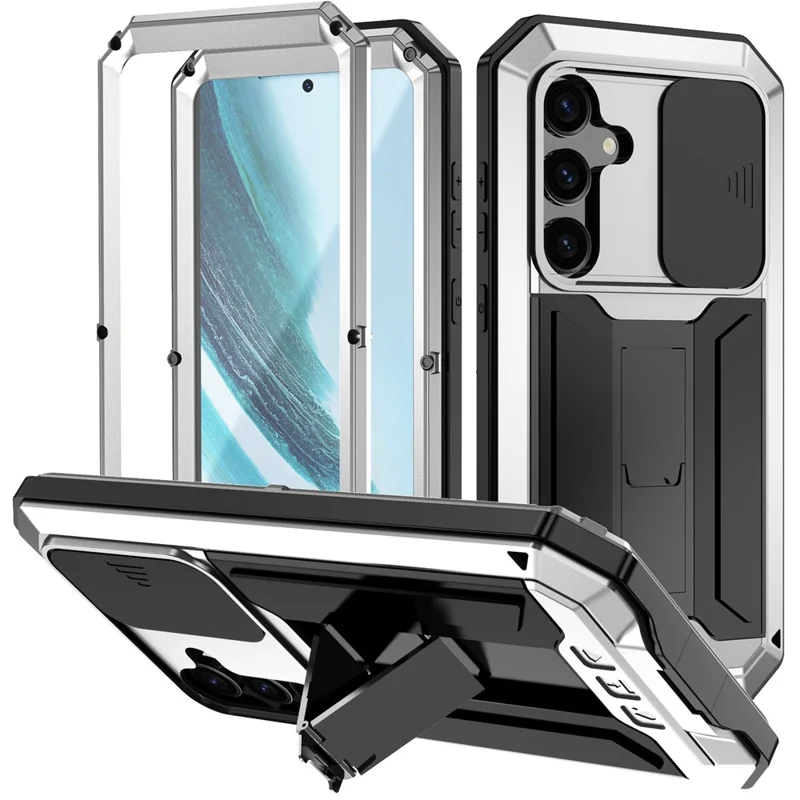 R-JUST For Samsung Galaxy S24+ Cell Phone Case PC+Silicone+Metal Kickstand Cover - Silver