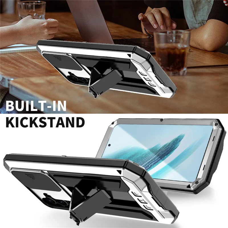 R-JUST For Samsung Galaxy S24+ Cell Phone Case PC+Silicone+Metal Kickstand Cover - Silver