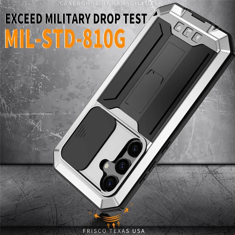 R-JUST For Samsung Galaxy S24+ Cell Phone Case PC+Silicone+Metal Kickstand Cover - Silver