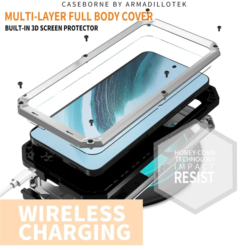 R-JUST For Samsung Galaxy S24+ Cell Phone Case PC+Silicone+Metal Kickstand Cover - Silver