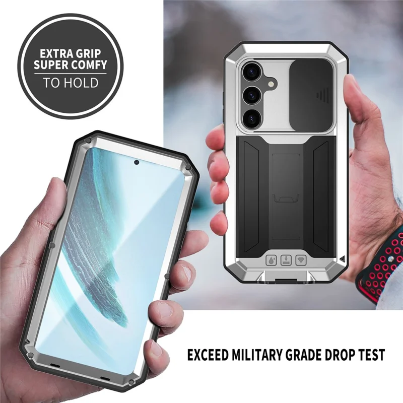 R-JUST For Samsung Galaxy S24+ Cell Phone Case PC+Silicone+Metal Kickstand Cover - Silver