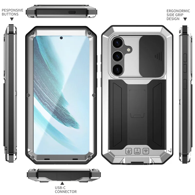 R-JUST For Samsung Galaxy S24+ Cell Phone Case PC+Silicone+Metal Kickstand Cover - Silver