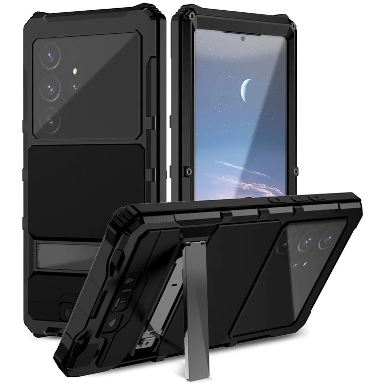 R-JUST For Samsung Galaxy S24 Ultra Shockproof Case Kickstand Drop-proof Cover Tempered Glass Film - Black