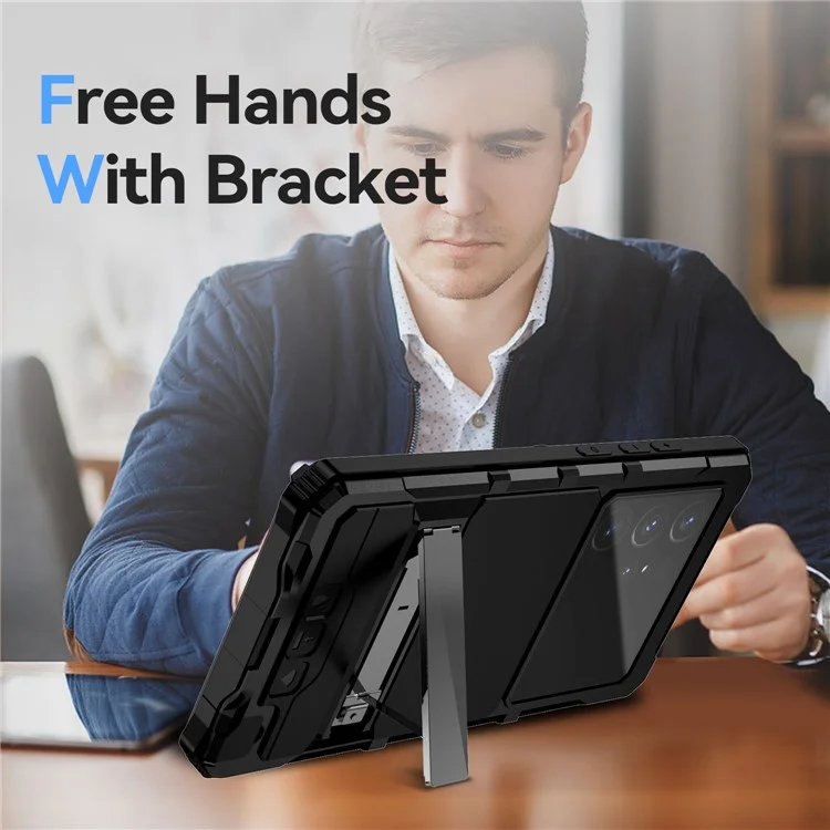 R-JUST For Samsung Galaxy S24 Ultra Shockproof Case Kickstand Drop-proof Cover Tempered Glass Film - Black