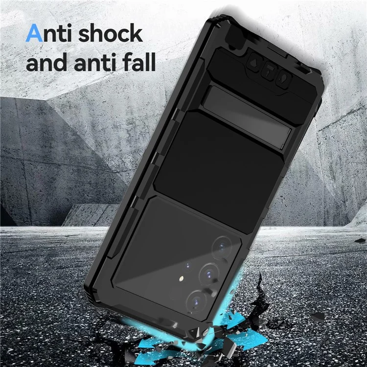 R-JUST For Samsung Galaxy S24 Ultra Shockproof Case Kickstand Drop-proof Cover Tempered Glass Film - Black