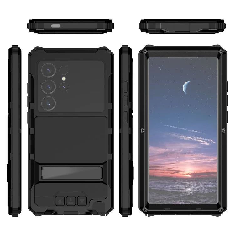 R-JUST For Samsung Galaxy S24 Ultra Shockproof Case Kickstand Drop-proof Cover Tempered Glass Film - Black