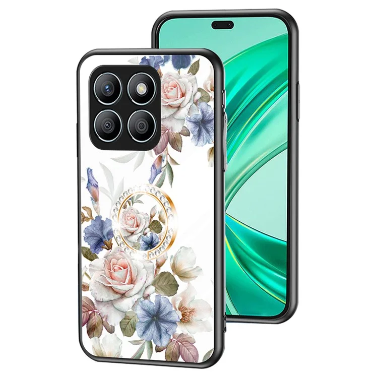 For Honor X8b 4G Blumenmuster-Hülle Gehärtetem Glas Handyhülle Ring-Ständer - Weißer Blumenbusch