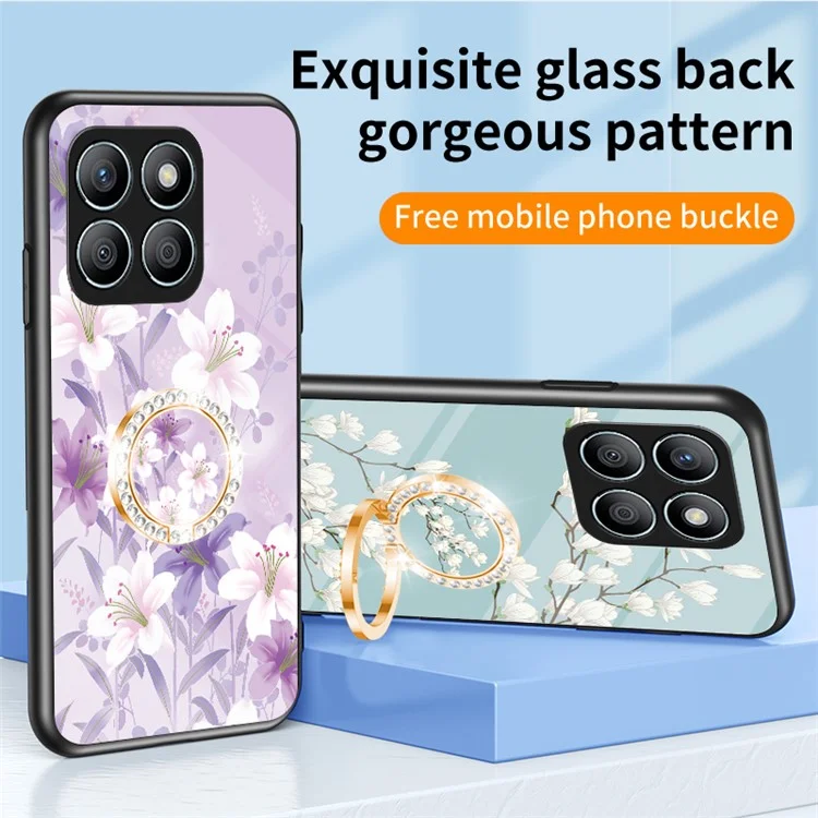 For Honor X8b 4G Blumenmuster-Hülle Gehärtetem Glas Handyhülle Ring-Ständer - Weißer Blumenbusch