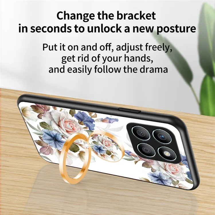 For Honor X8b 4G Blumenmuster-Hülle Gehärtetem Glas Handyhülle Ring-Ständer - Weißer Blumenbusch