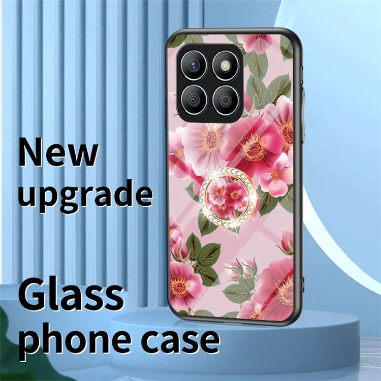 For Honor X8b 4G Blumenmuster-Hülle Gehärtetem Glas Handyhülle Ring-Ständer - Weißer Blumenbusch