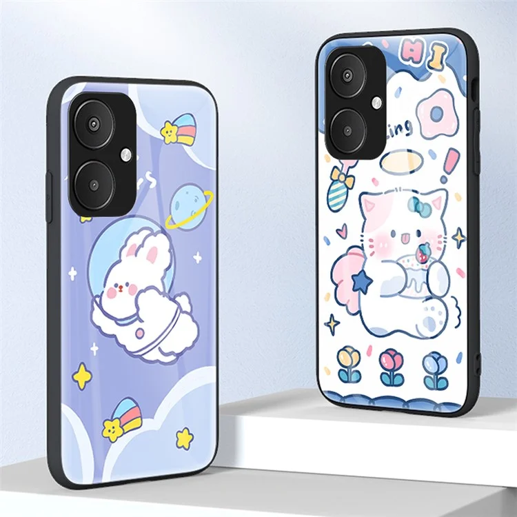 Für Xiaomi Redmi 13C 5G / 13R 5G / Poco M6 5G Gehärtetes Glas-Hülle Cartoon-Muster Handyhülle - Engelkatze