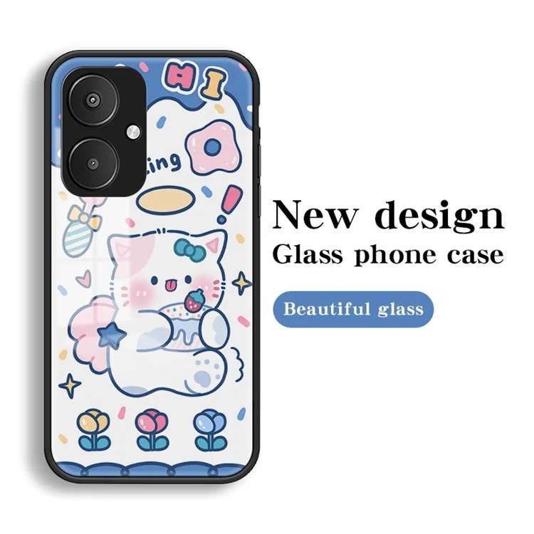 Für Xiaomi Redmi 13C 5G / 13R 5G / Poco M6 5G Gehärtetes Glas-Hülle Cartoon-Muster Handyhülle - Engelkatze