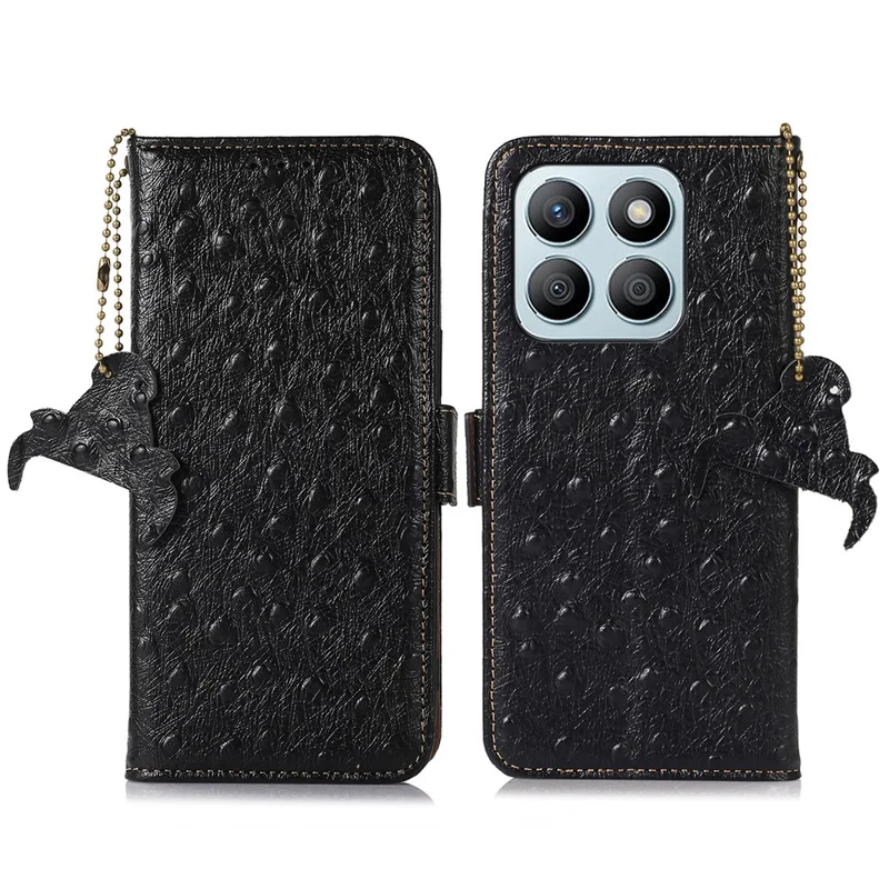 For Honor X8b 4G RFID Blocking Genuine Cow Leather Case Ostrich Texture - Black