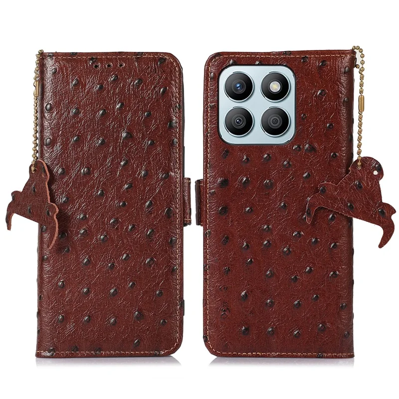 For Honor X8b 4G RFID Blocking Genuine Cow Leather Case Ostrich Texture - Coffee