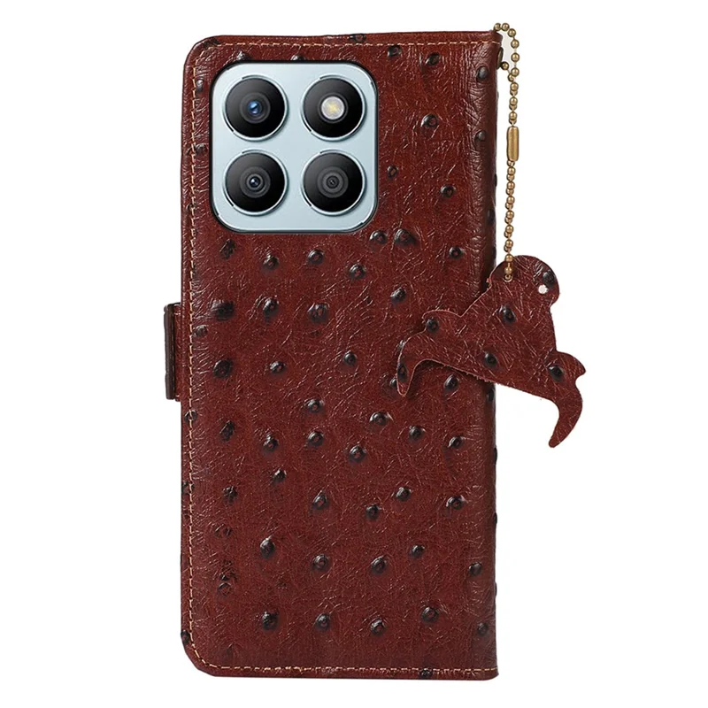 For Honor X8b 4G RFID Blocking Genuine Cow Leather Case Ostrich Texture - Coffee