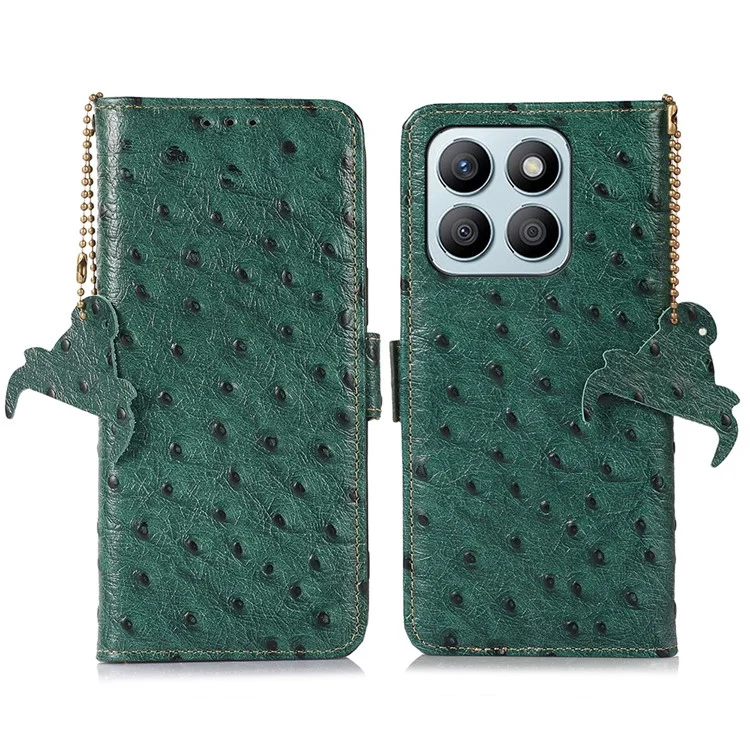 For Honor X8b 4G RFID Blocking Genuine Cow Leather Case Ostrich Texture - Grün
