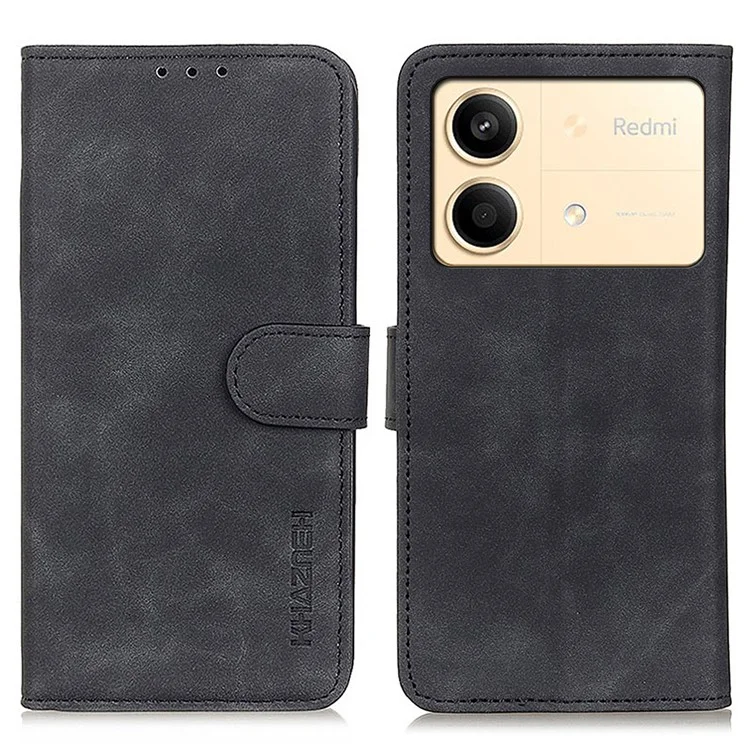 KHAZNEH For Xiaomi Redmi Note 13R Pro 5G Cell Phone Case Leather Retro Style Stand Cover - Black