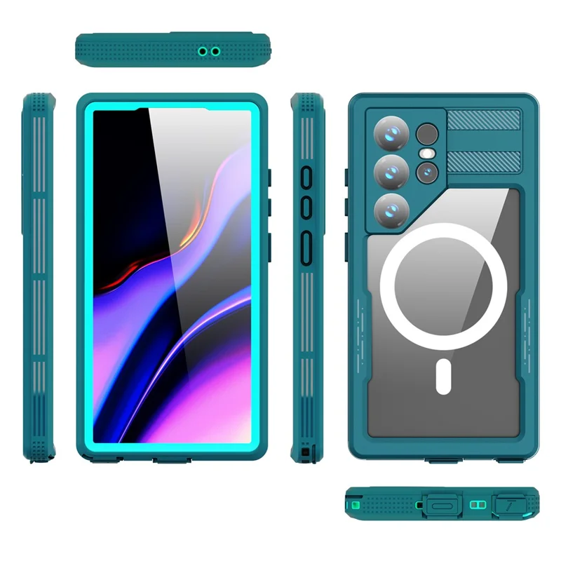 REDPEPPER IP68 Waterproof Case for Samsung Galaxy S24 Ultra Magnetic Clear Phone Cover - Lake Blue+Cyan